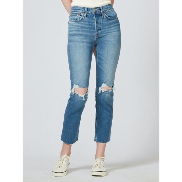 RE/DONE 70s Stove Pipe High Rise Ankle Jeans in Dusk Destroy 25 NWT - Picture 1 of 13